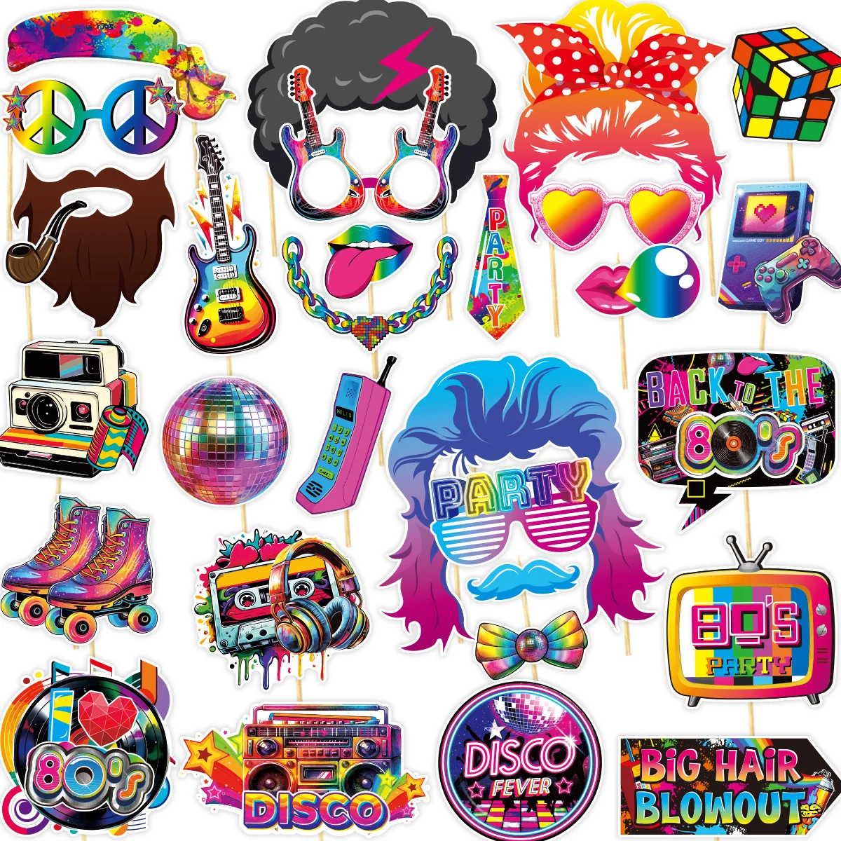 30Pcs/Set 80s Disco Music Theme Photo Booth Props Hip Hop Dress Up Paper Masks for Birthday Bachelorette Wedding Party Decor
