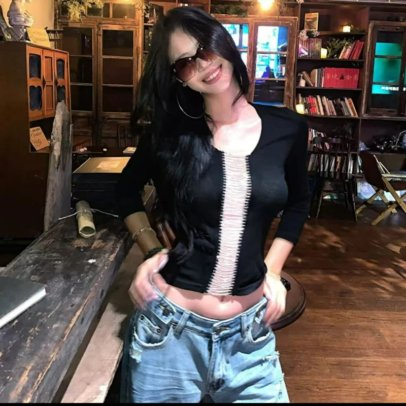 

Футболка с длинными рукавами для зрелых женщин во французском стиле с вырезом в стиле пэчворк, новый утягивающий облегающий базовый слой для женщин