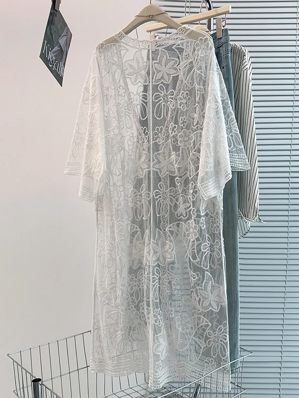 Bohemian Style Long Sleeve Sunscreen Mesh Dress Boho Holiday Fashion Women's Brand New Outerwear Cover up Long Dress 5