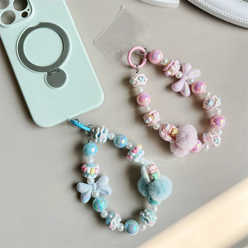 Bowknot HairballPhone Chain Hand Painted Beads Keychain Sweet Girl Anti-lost Wrist Strap Bracelet Earphone Case Charm Bag Decor