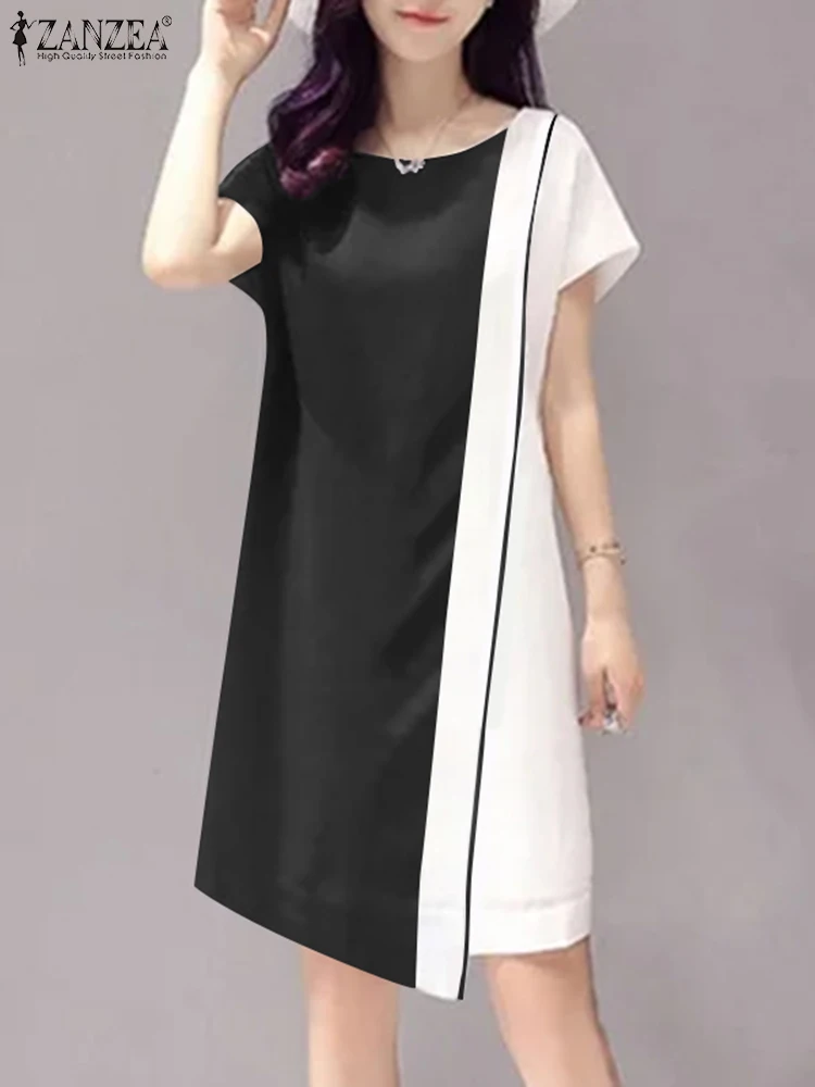ZANZEA Women Colorblock Mini Dress Casual Asymmetrical Solid Vestido Fashion Summer Short Sleeve Robe Vintage Stitching Sundress
