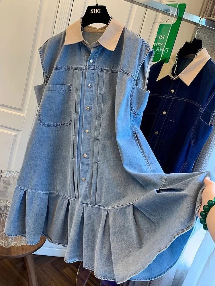 

plus Size Women's Summer Casual Loose Denim Dr Collar Svel Color Blo A-Line Skirt Mid-Length Korean Sle