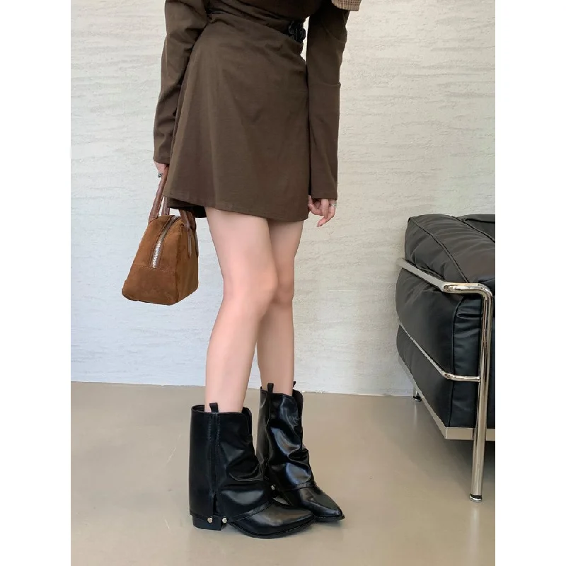 Vintage Damen-Cowboystiefel mit spitzer Zehenpartie, gerafftem Schaft, seitlichem Reißverschluss, Blockabsatz, PU-Leder, Herbst/Winter – Detail 12