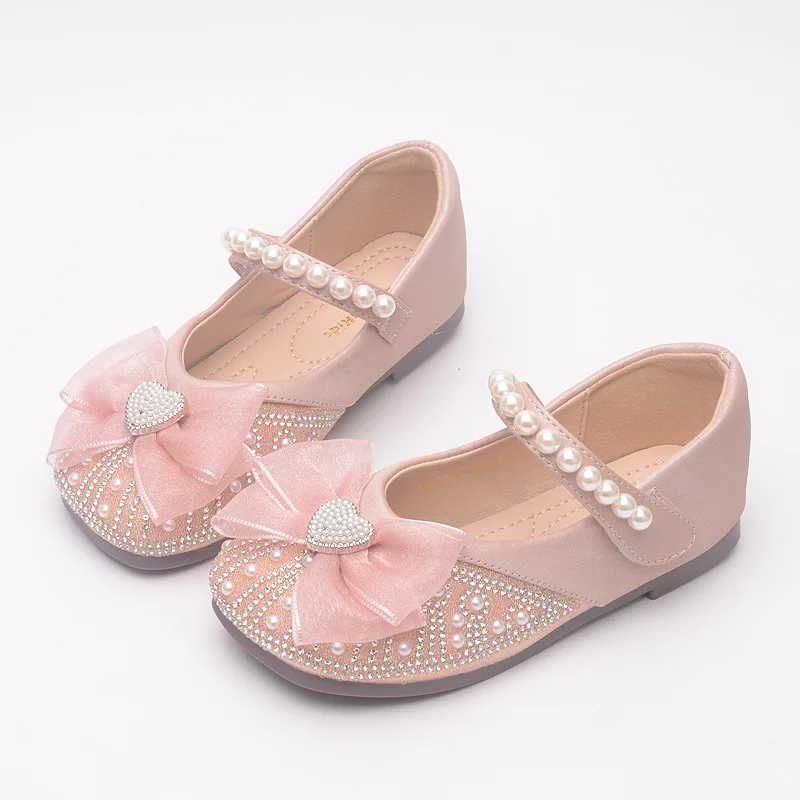 Elegant Girl Shoes New Fashion Princess Rhinestone Pearl Dress Leather Shoes for Party Wedding Shows Children Toddler Bow Shoes