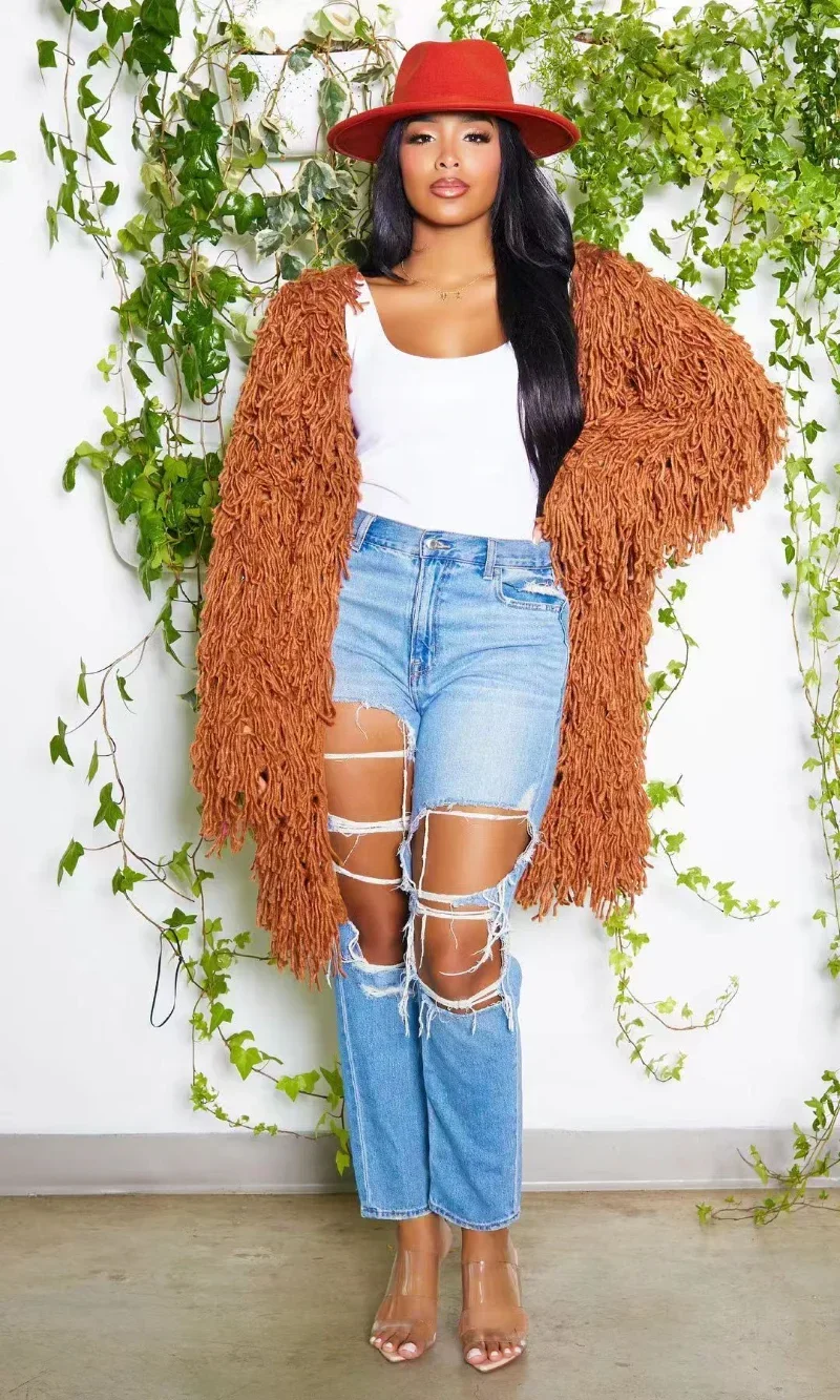 KEXU Tassel Fringe Cardigans Sweater 2024 Spring Women Clothing Long Sleeve Knitted Shaggy Fluffy Loose Casual Coat Outerwear