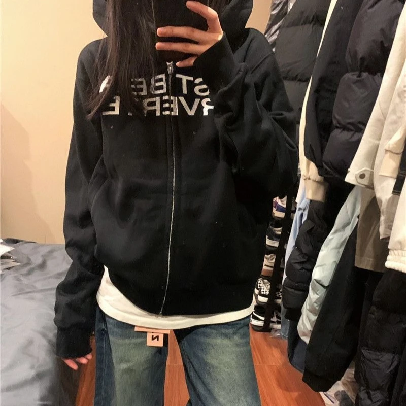 

Y2k субкультура куртка с капюшоном и длинными рукавами женская повседневная куртка в стиле Харадзюку в стиле панк с буквенным принтом уличная одежда на молнии тонкая осень 2023 г.