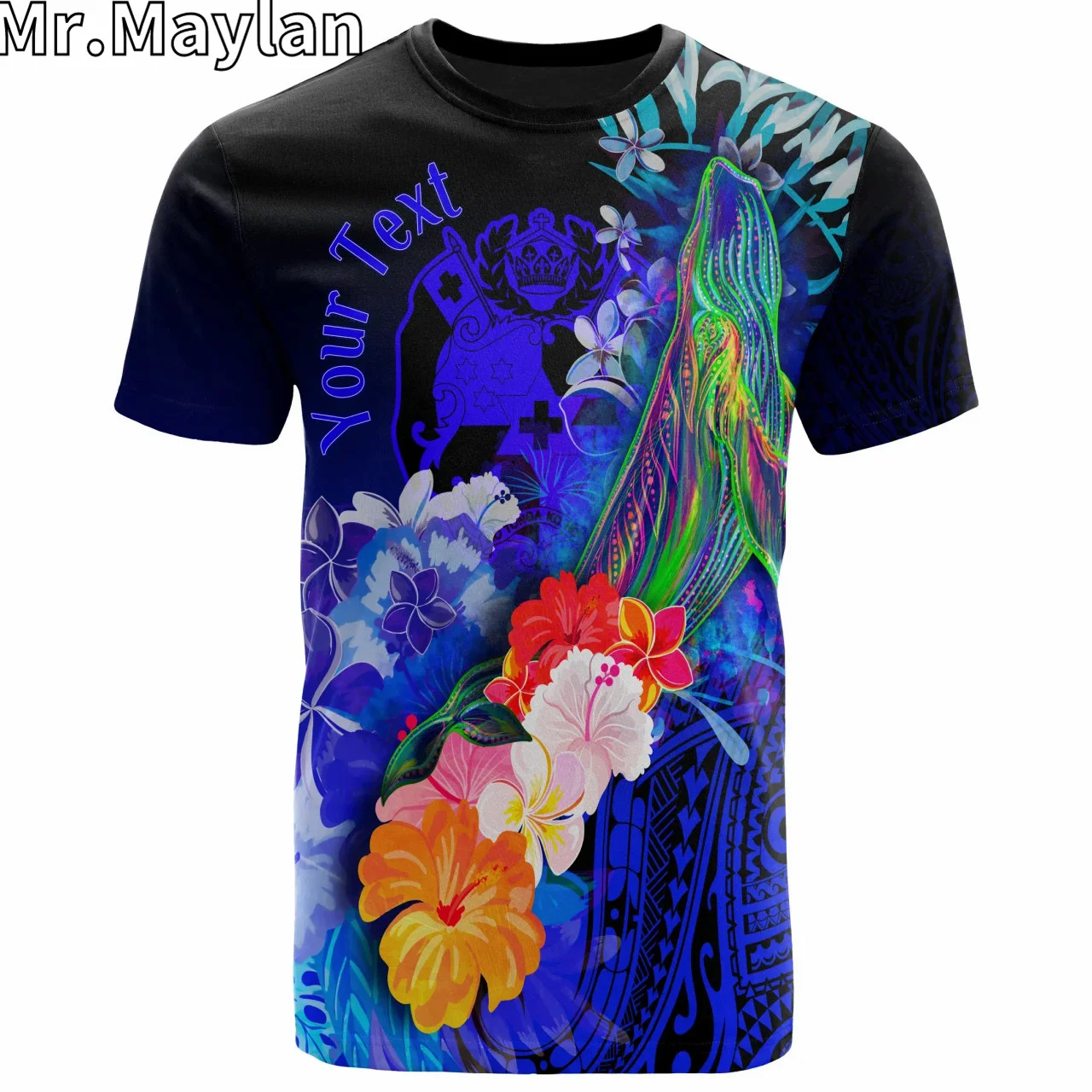 Custom 3D Print Tonga Polynesian Blue T Shirt Humpback Whale with Tropical Flowers T Shirts Men Women Streetwear Unisex Tee Tops