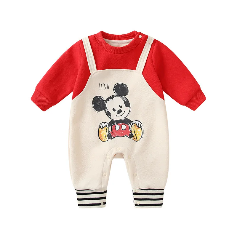

MINISO Mickey Spring New Baby Onesie Strap Fake Two Piece Newborn Outdoor Climbing Clothes Soft Cute 0-1 Years Infant Jumpsuit