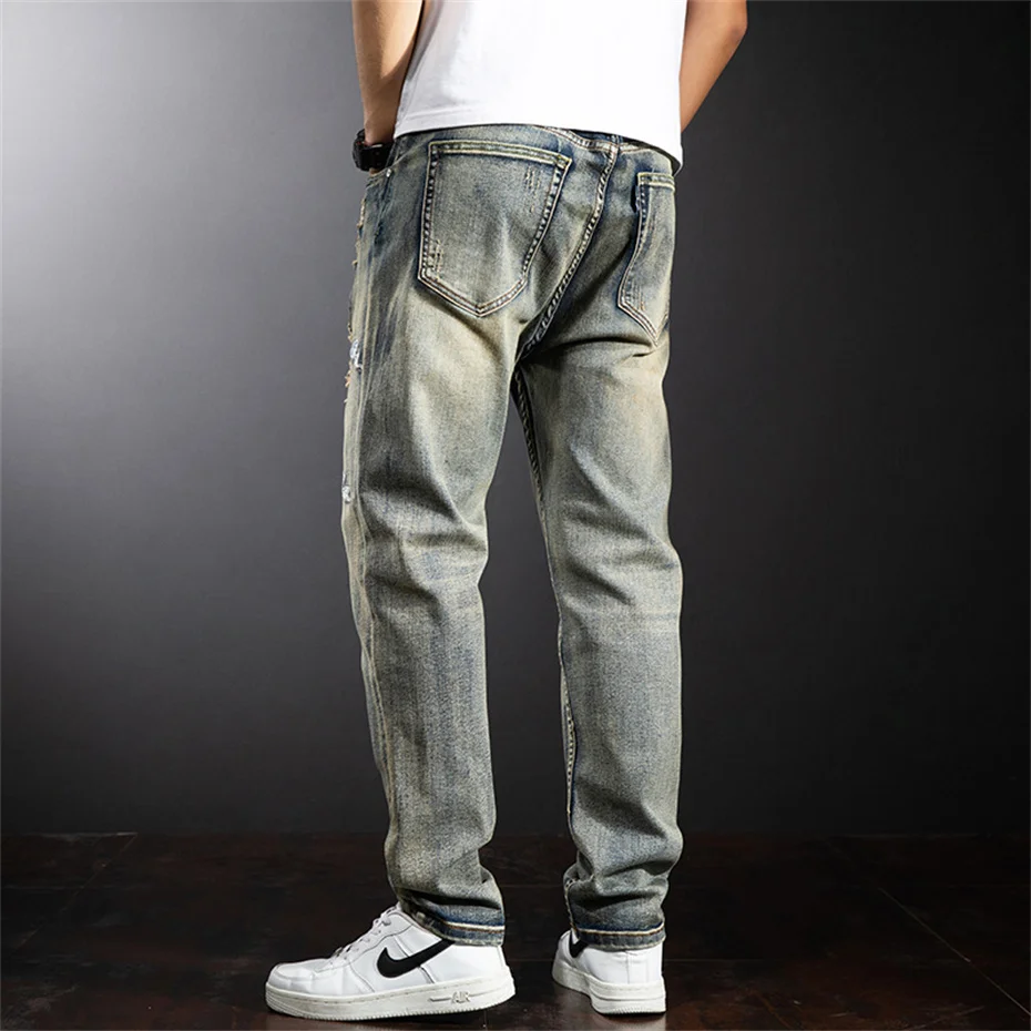 Dragon Embroidered Jeans Men Denim Pants Plus Size Fashion Casual Ripped Jeans Pants Plus Size 42 Trousers Male Bottoms