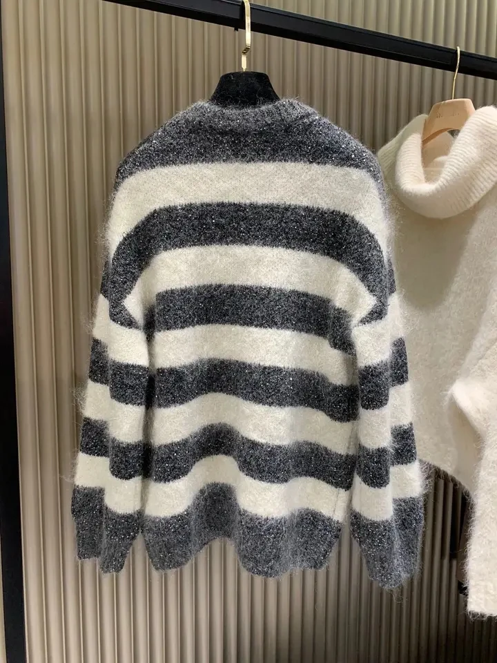 2024 new women fashion long sleeve sexy casual mohair striped sweater