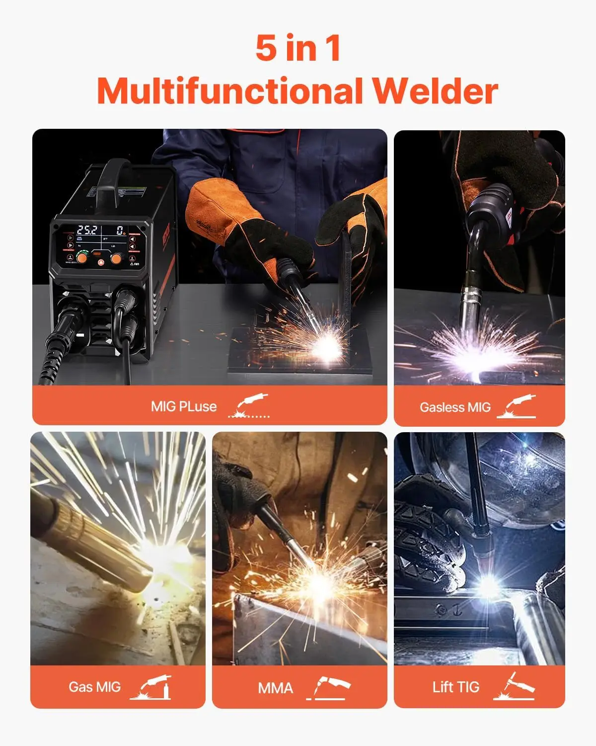 Pro MIG Welder, 200A Pluse Mig Welding Machine, 5-in-1 Multi-Functional Welder Machine MIG Pluse/Gas MIG/Flux Core MIG/Stick/Lif