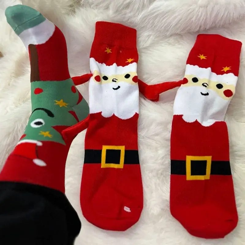 جديد الشتاء الكرتون سانتا كلوز الجوارب المغناطيسية شجرة عيد الميلاد زوجين المغناطيسي عقد الأيدي جورب الرجال النساء منتصف أنبوب جوارب قطنية #2