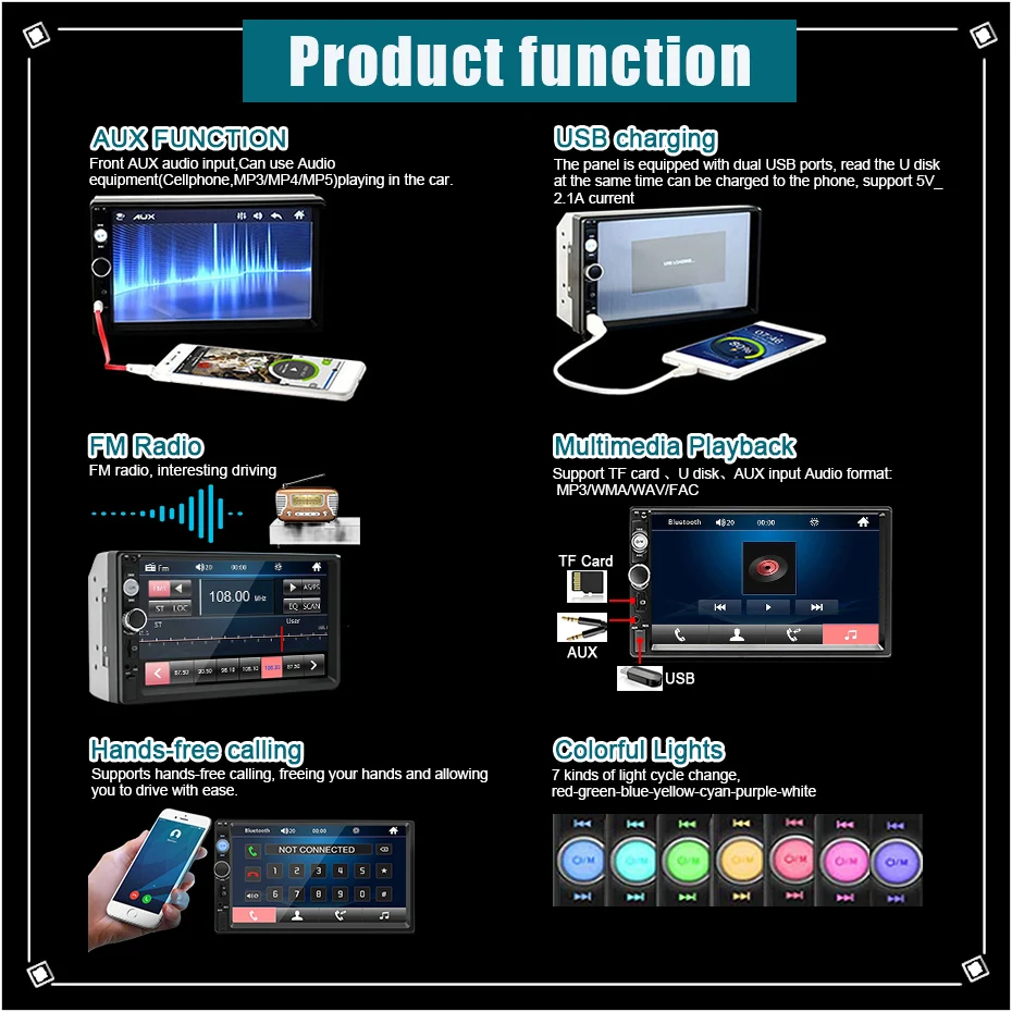 Radio de Coche 2 DIN, Pantalla Táctil HD de 7 Pulgadas, Reproductor Multimedia, Estéreo Universal para Coche, Reproductor MP5, Carplay, Android Auto, Cámara 7010 3