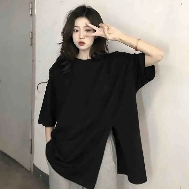 

Cotton Side Slit Women Short Sleeve O Neck T Shirt Fashion Split Fork Harajuku Casual Oversized Tops Tee Hip Hop Punk Streetwear