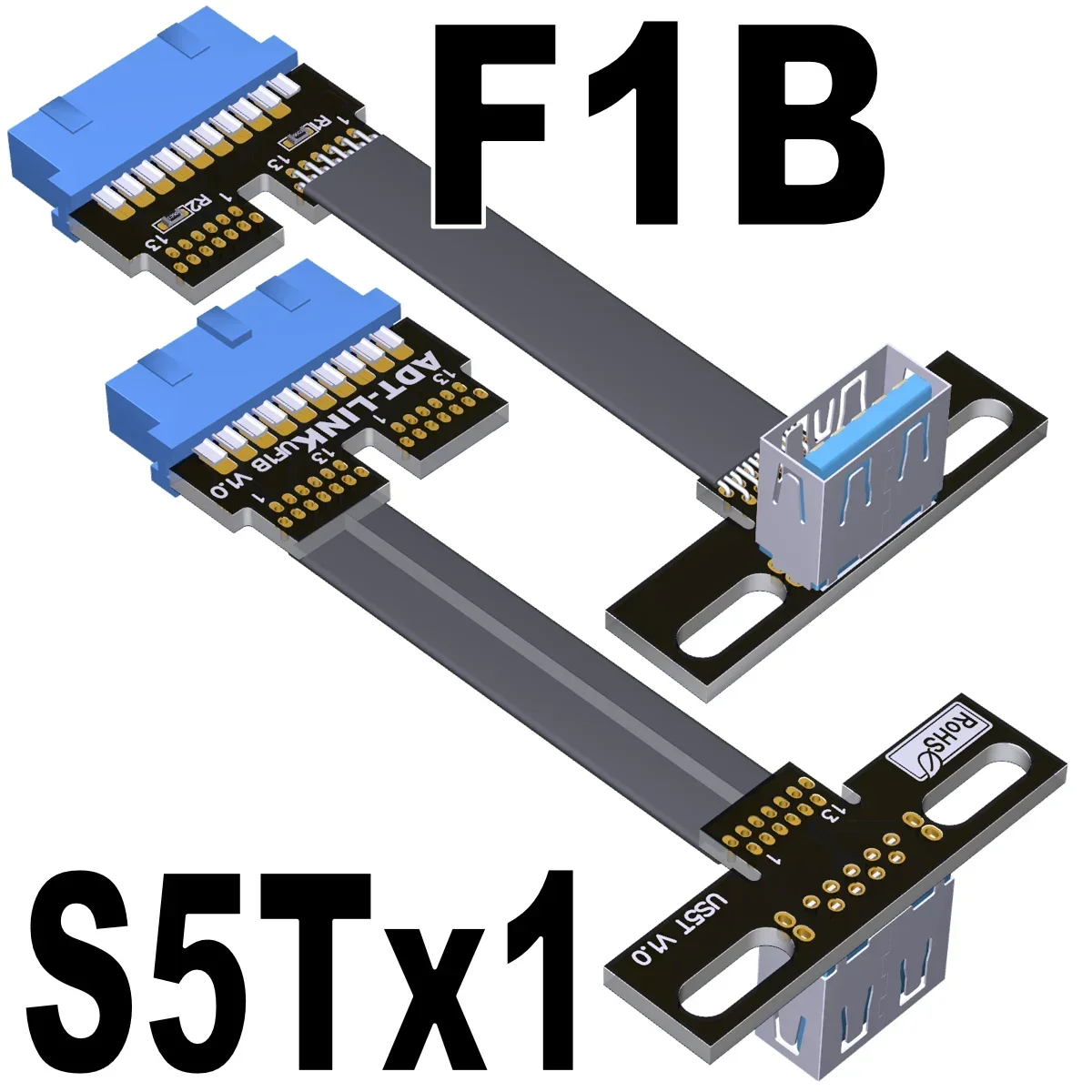 ADT Fold 90° Degree USB 3.0 Dual USB-A Female Socket To Internal 19P/20Pin Header Male Flat Ribbon Extension Cable w Screw Holes