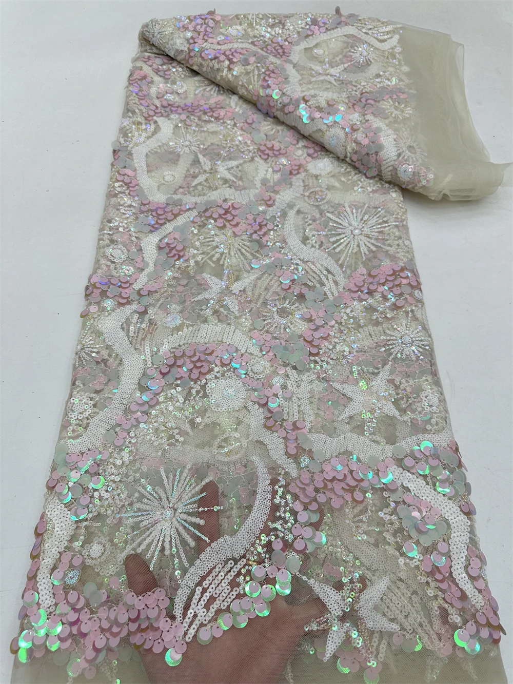 Tela de encaje de tul de lujo africano, 5 yardas, nueva tela de encaje de tul con cuentas de lentejuelas nigerianas de alta calidad para coser boda