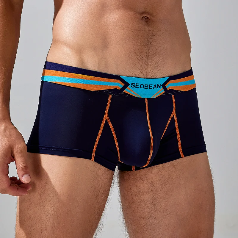 Men's Soft Smooth Boxer Briefs with Contrast Color Striped Elastic Waistband U Convex 3D Pouch Breathable Stretch Sexy Thin Male
