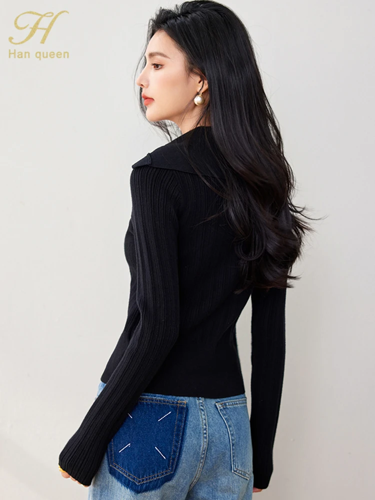 H Han Queen Autumn Female Cothing Crop Top Long Sleeve Office Vintage Tops Casual T-Shirt Women Fashion Knitt Simple Basics Tee