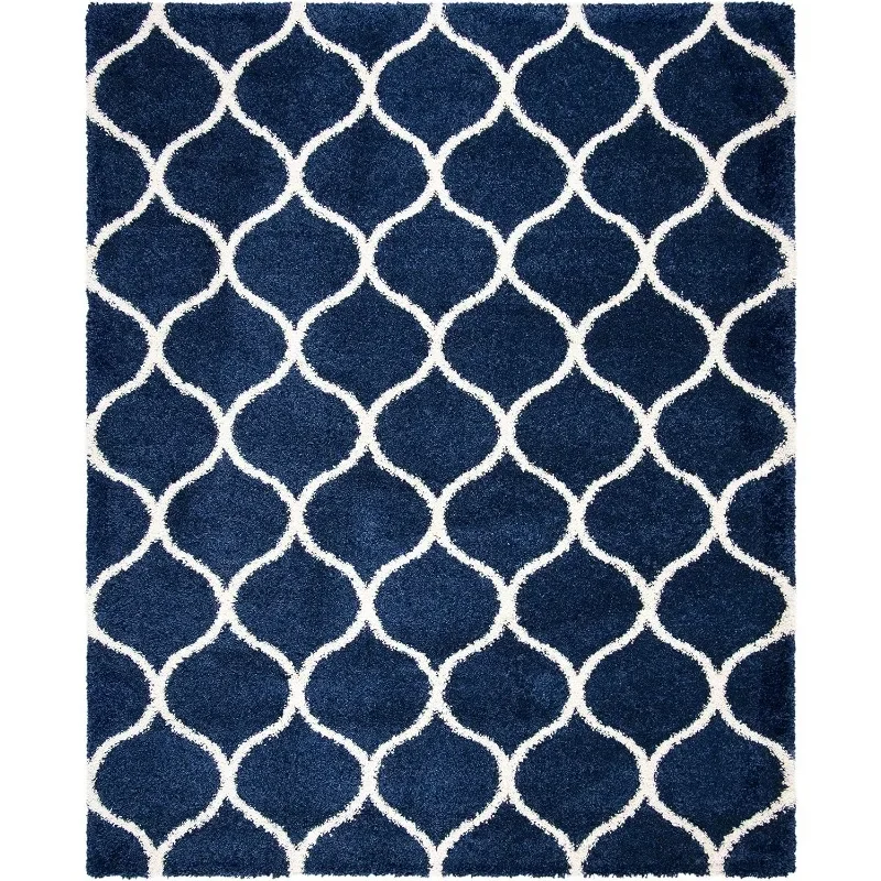 Hudson Shag Collection Area Rug - 8' x 10', Navy & Ivory, Moroccan Ogee Trellis Design, Non-Shedding & Easy Care