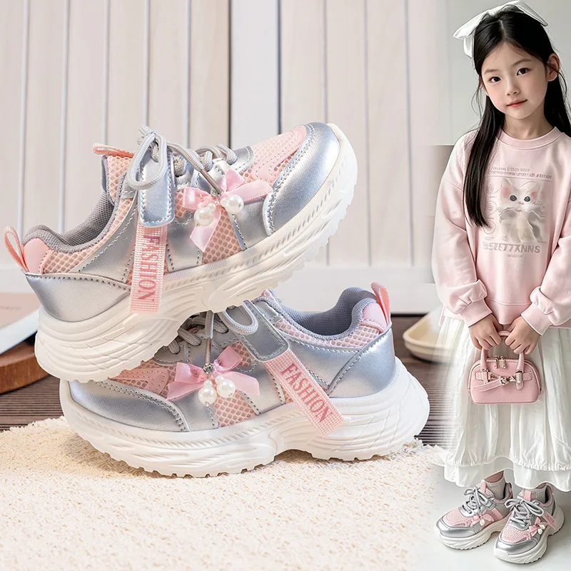 Girls Sports Shoes Spring Autumn Pink Breathable Girls Casual Shoes 3-18 Years Old Beige Soft Non-slip Children's Single Shoes
