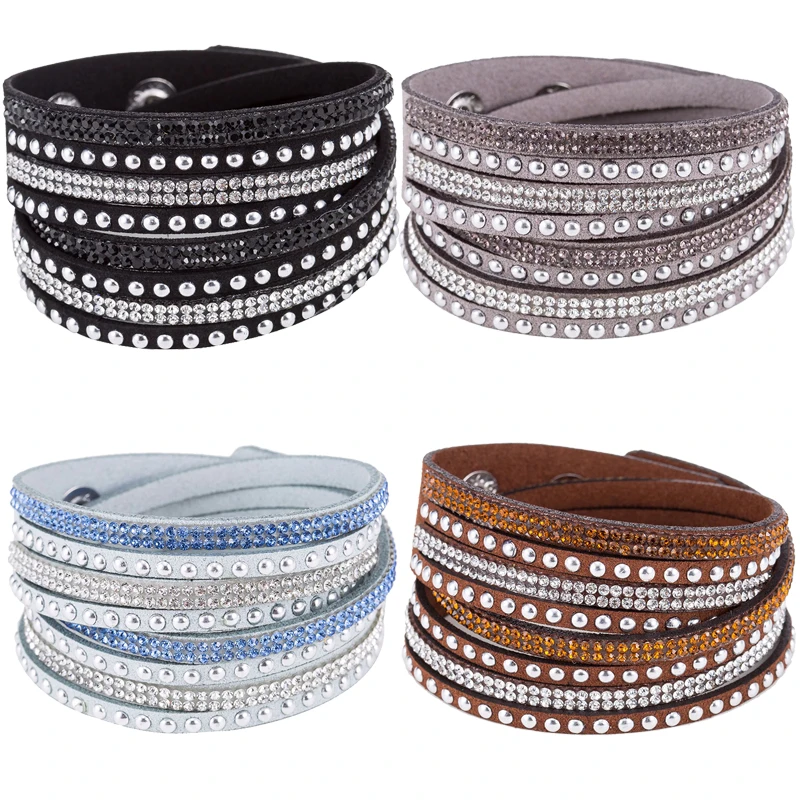 Classic Multilayer Leather Bracelet For Women Rhinestone Paved Wide Wrap Velvet Adjustable Button Wrist Bracelet Femme Jewelry