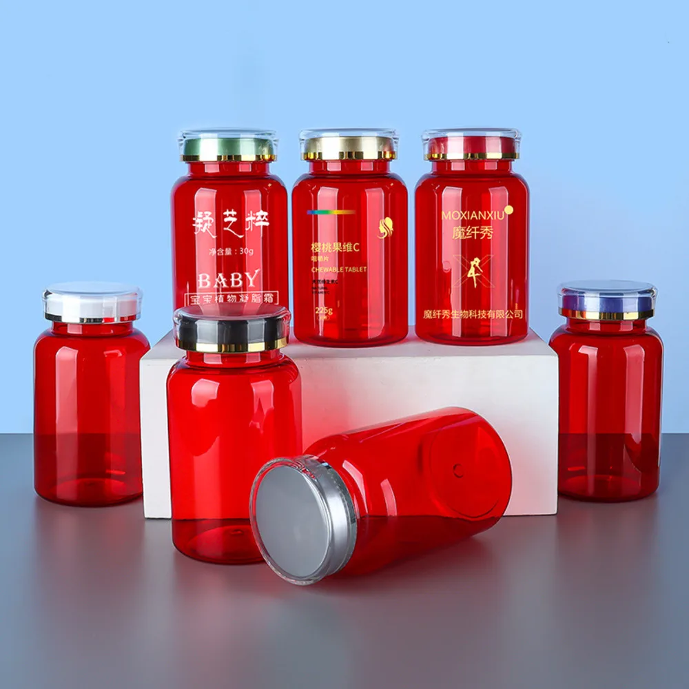 30 Pcs 225ml Semi Clear Red PET Bottle with Crown Cap Refillable Container for Capsule Powder Supplement Health Product