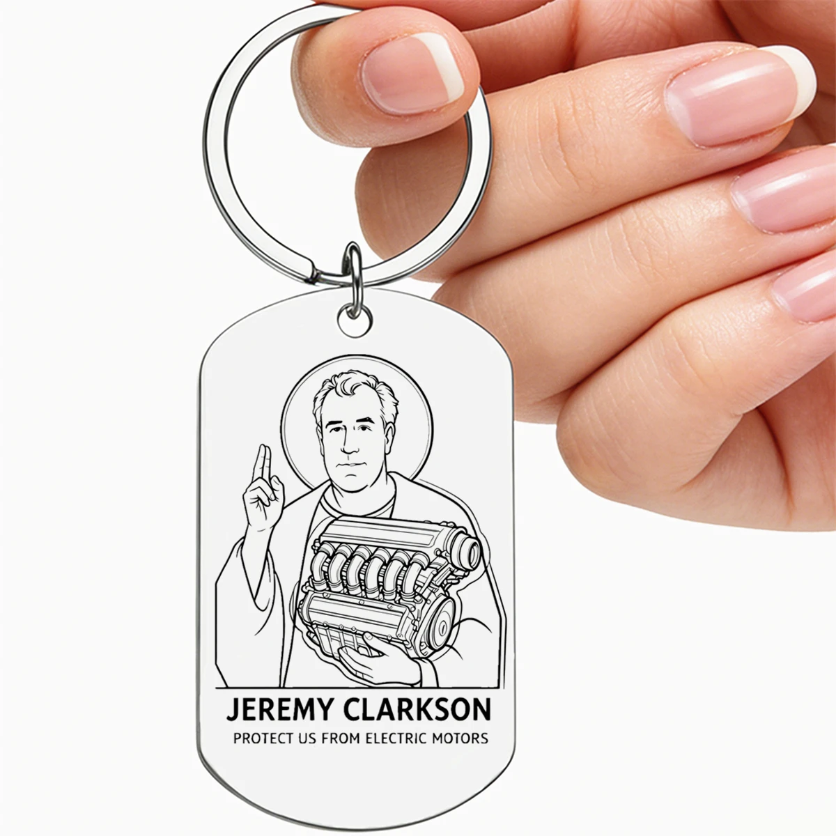 1Pc Jeremy Clarkson Dog Tag Keychain Stainless Steel Laser Engraved Key Ring Car Fans Petrol Engine Lover Bag Charm Pendant