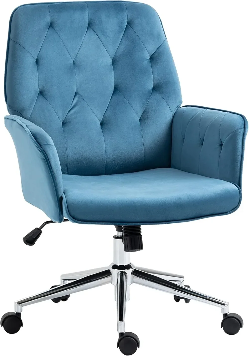 Velvet Home Office Chair, Tufted Height Adjustable Computer Desk Chair with Swivel Wheels and Padded Armrests,Blueand Light Grey