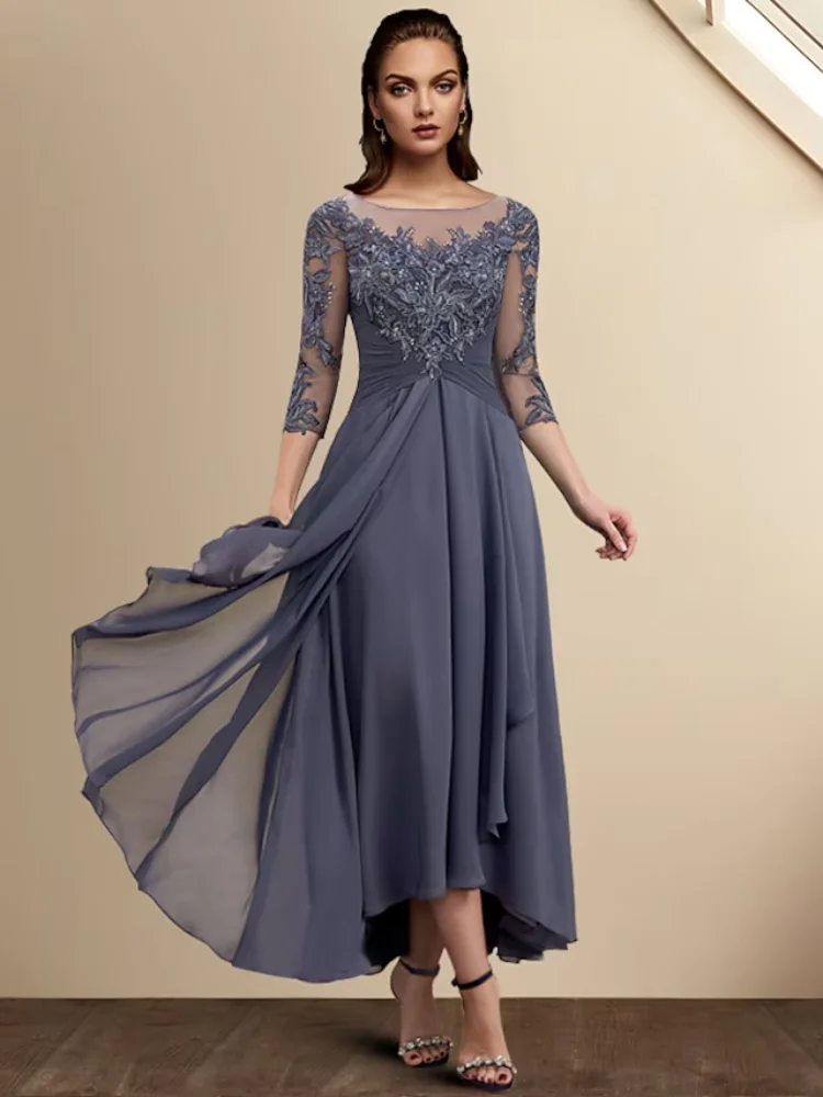 Sirena madre della sposa abito elegante illusione collo lunghezza al ginocchio pizzo satinato manica 3/4 con Appliques abito da sera