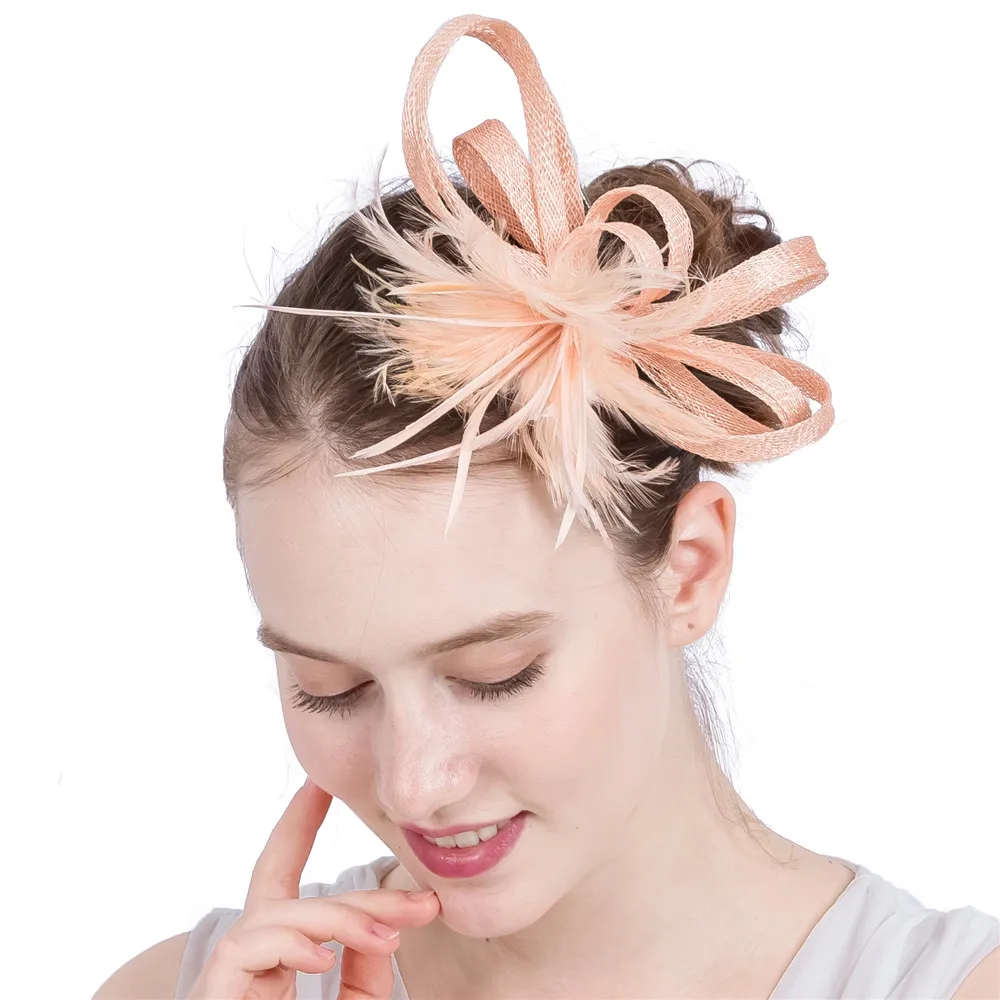 Sinamay Champagne Headwear Hair Clips Headwear Women Ladies Fascinators Weeding Party Tea Hats Church Cocktail Feathers Headwear