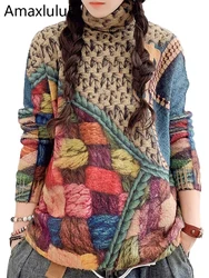 Amax luluE Fashion Womens Vintage Printed Jumpers 2024 Winter European Style Loose Turtleneck Sweaters Casual Elegant Pullovers