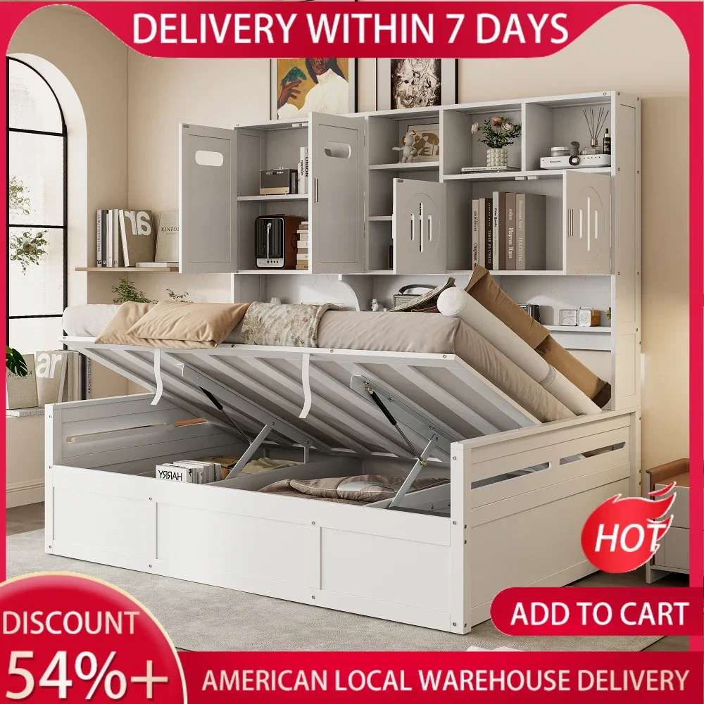 

Full Size Wooden Daybed with All-in-One Cabinet and Shelf and Large Underbed Storage Space, Solid Wood Slats Support,White