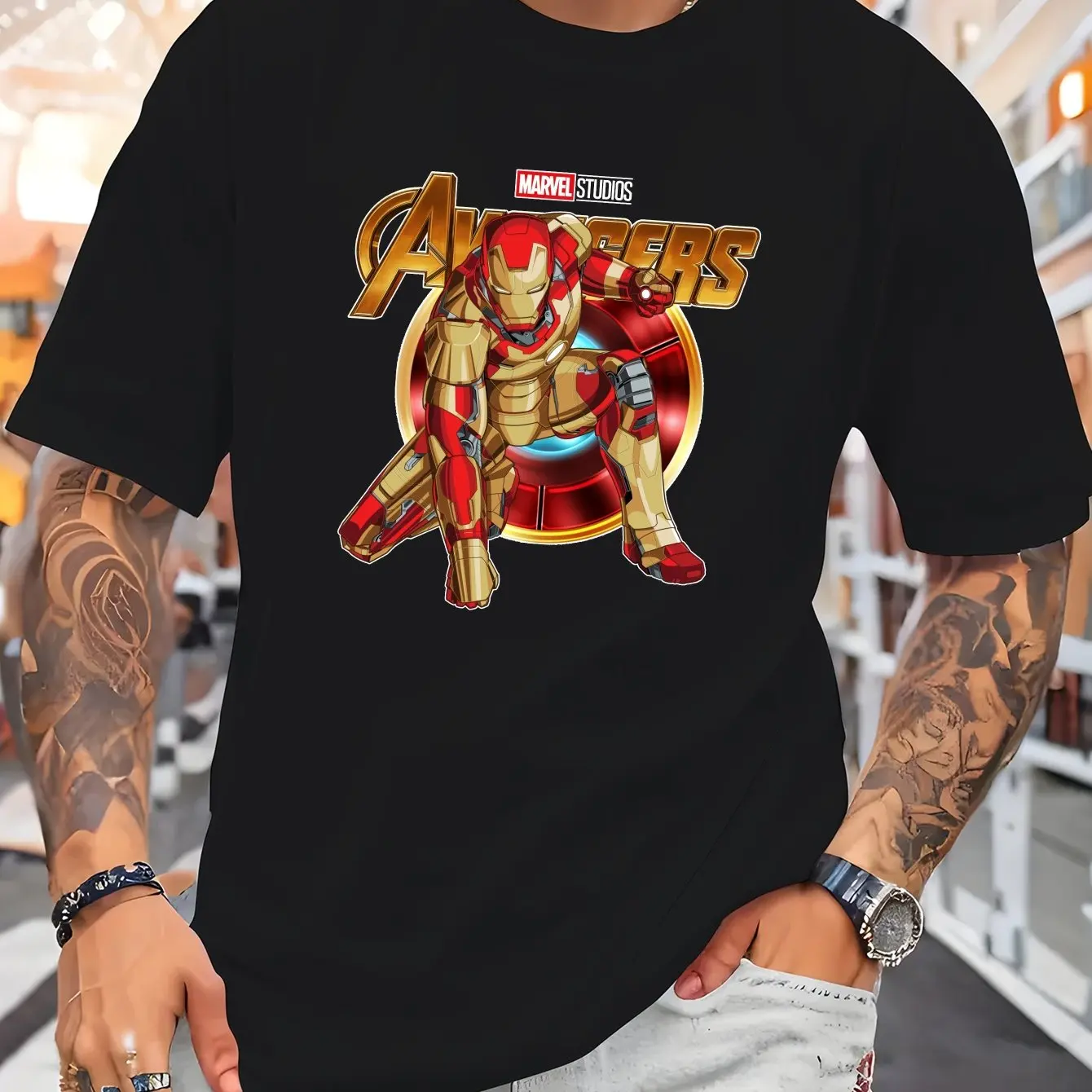 تي شيرت Marvel Genuine المعتمد Avengers Iron Man للرجال برقبة دائرية من القطن كاجوال مريح وجيد التهوية