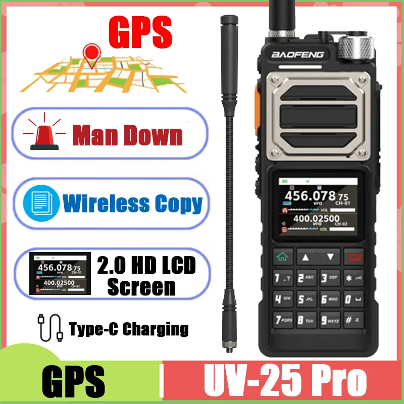 New UV-25 Pro GPS Walkie Talkie 10W 2.0inch LCD Screen Man Down Alarm Wireless Copy Frequency USB C Charger Update UV-25M Radio