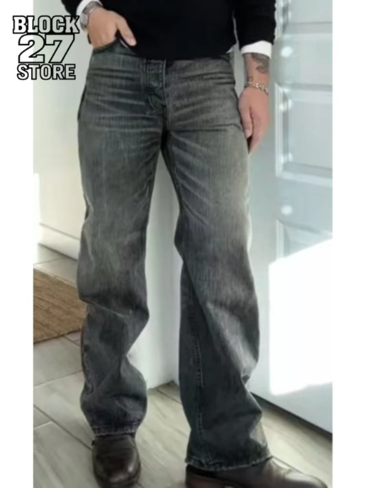 

Мужские джинсы Harajuku Cleanfit, винтажные потертые черные, серые прямые джинсовые брюки с градиентом, повседневные уличные модные стили