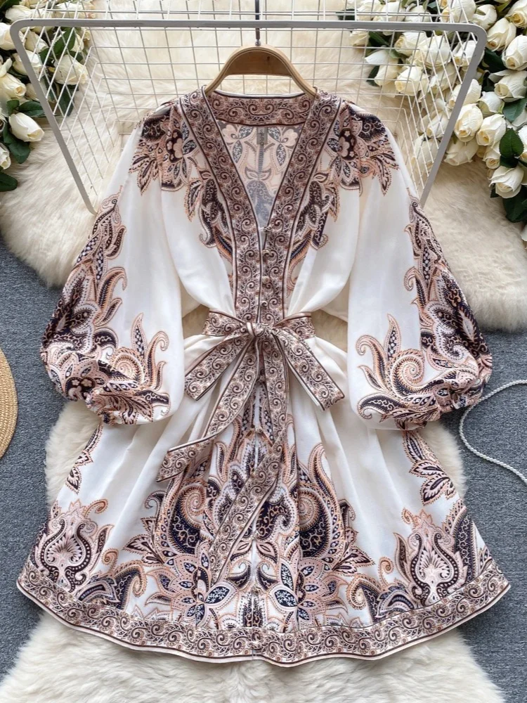 French Vintage Elegant Mini Dress Women Print Puff Sleeve Slim Vneck Evening Dress Female Casual Autumn Y2k Ball Gown New 2024