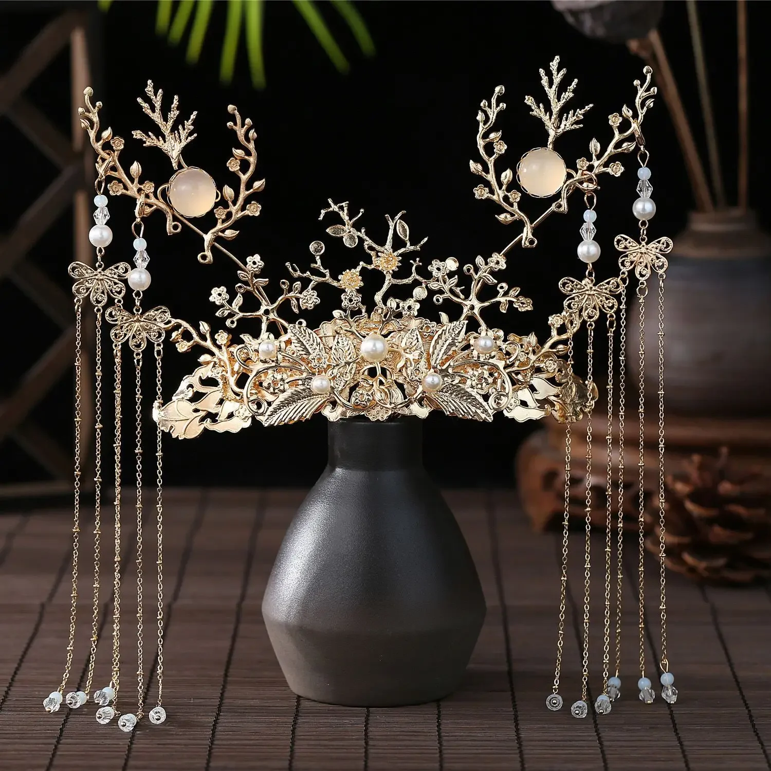 

Chinese Hanfu Long Tassel Crown Flower Beads Hair Pins Handmade butterfly Jewelry Hair Stick