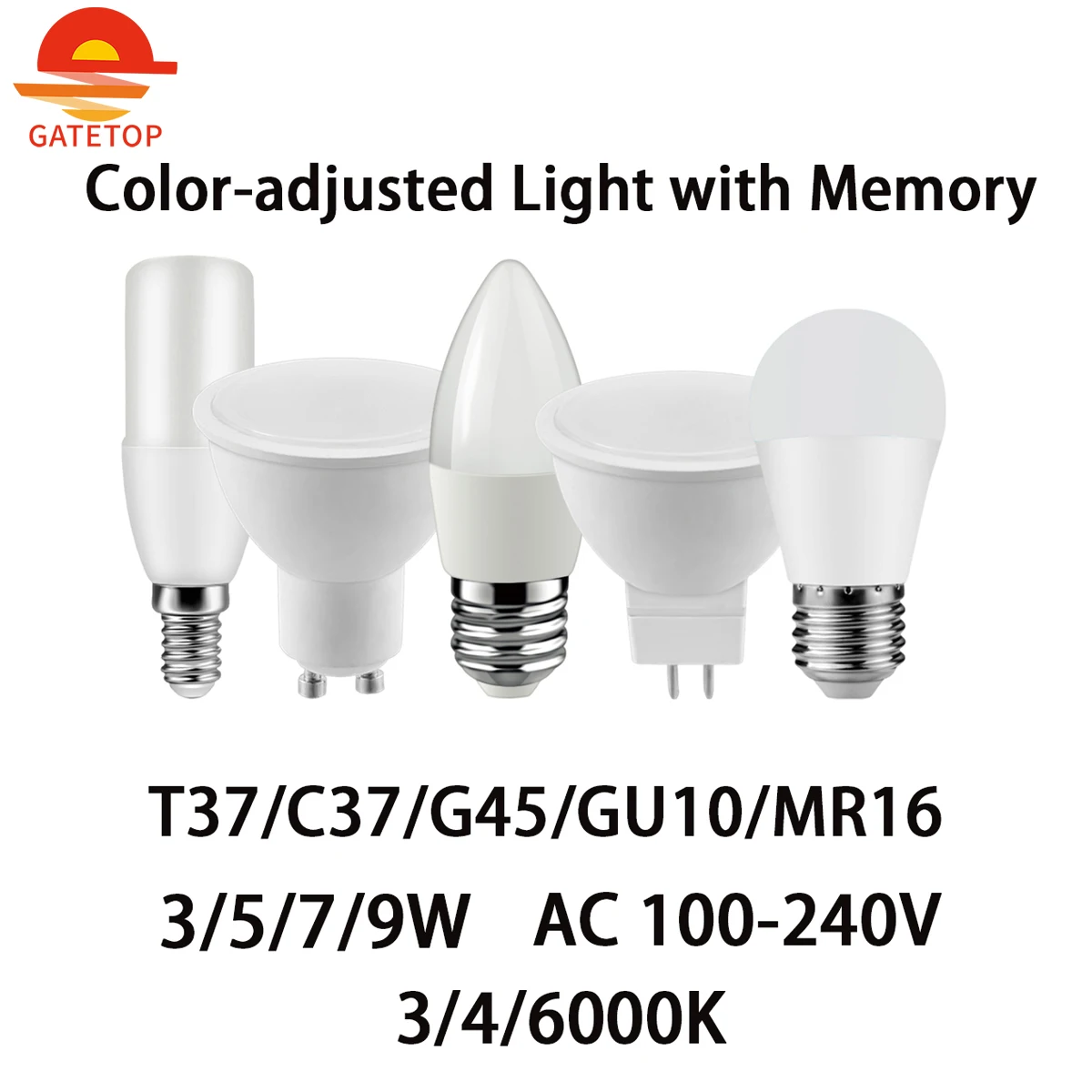 Luz Cor-ajustada com memória, AC100-240V, 3 W, 5 W, 7 W, 9W, 4 PCes, 8 PCes, 12 PCes, 16 PCes, 20 PCes, T37, C37, g45, GU10, MR16 para a sala, cozinha, sala de estar