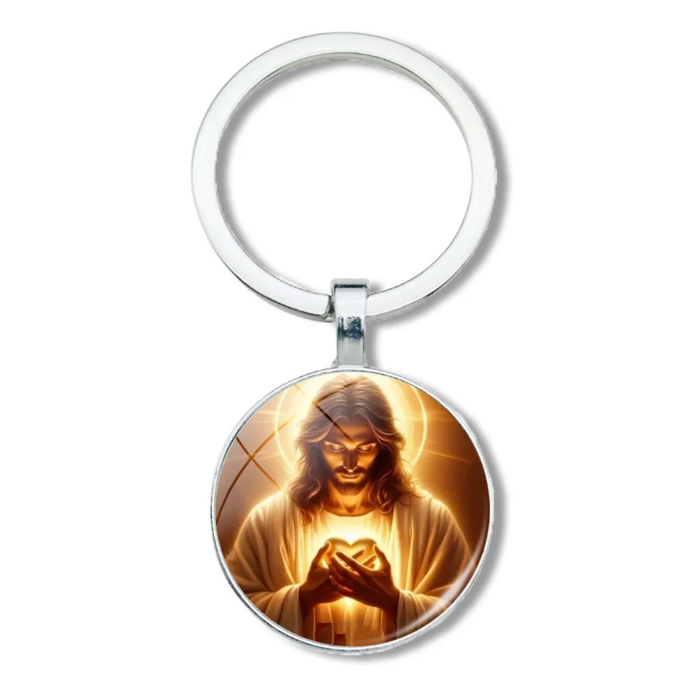 Jesus pattern circular glass pendant keychain for male and female birthdays, graduation parties, family jewelry gifts