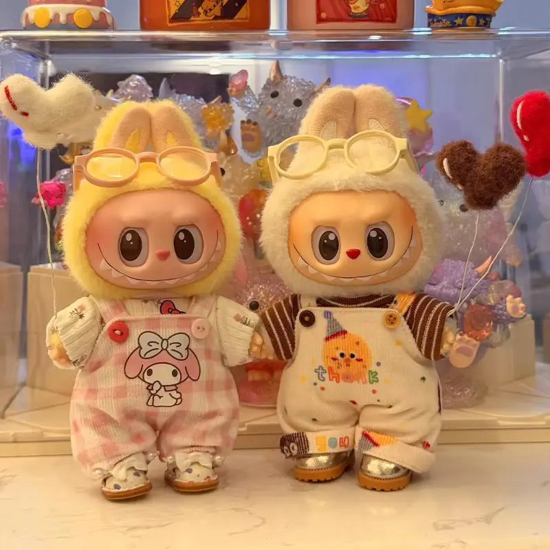 

17cm Labubu Hellokitty Melody Overalls Suit Cute Macaron Sitting Party Milan Original Baby Clothes Diy Clothes Accessories