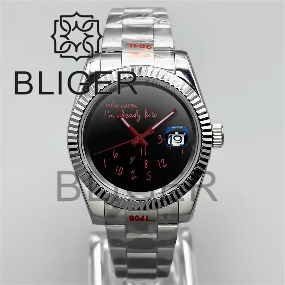 BLIGER 36mm39mm NH35 นาฬิกาผู้ชาย WHO Cares IM แล้วสายนาฬิกา Blue Text Dial สีเขียว Luminous Sapphire Glass 10bar กันน้ํา