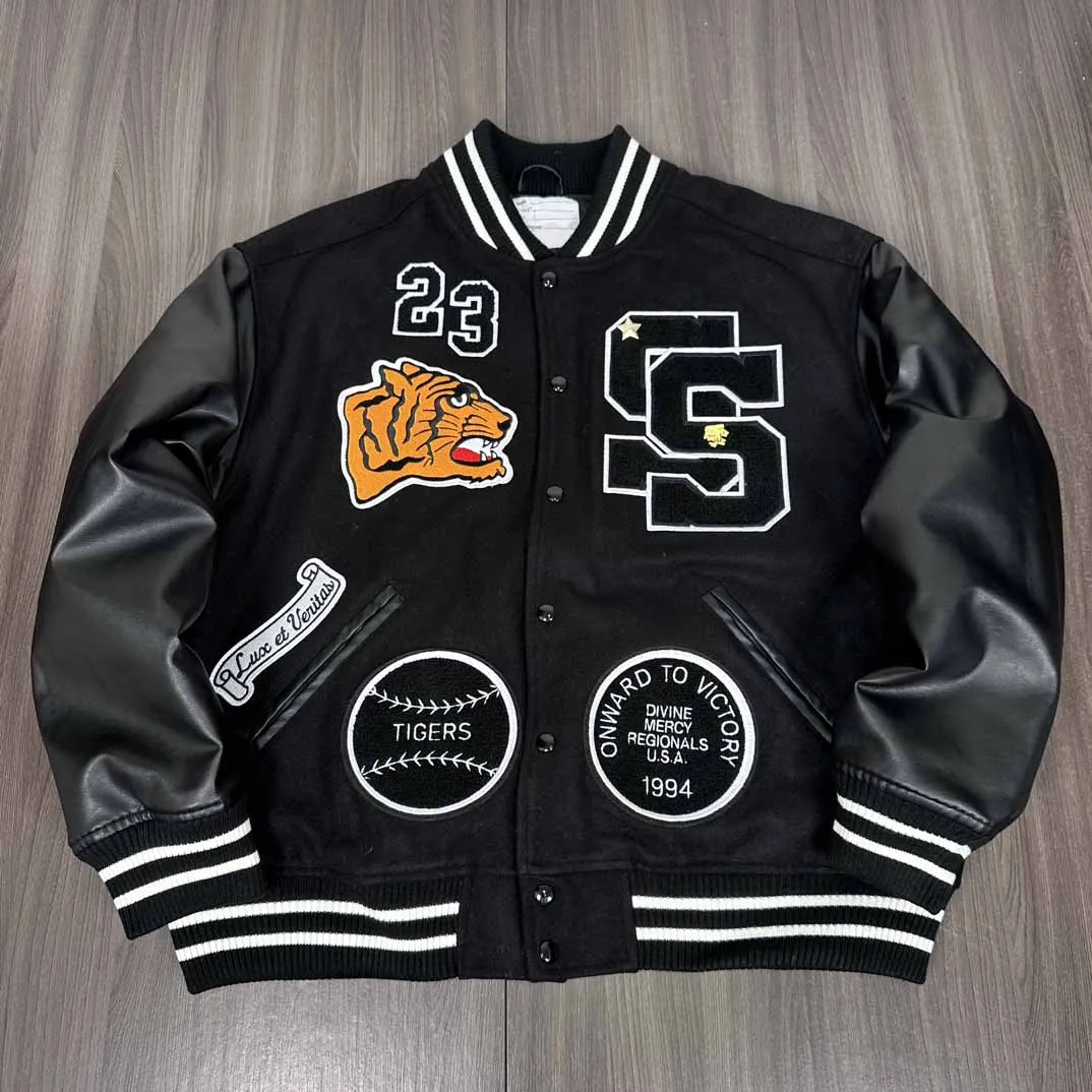 23FW Embroidery Tiger Patched Women Men Baseball Jacket Coat Hiphop Woolen Men Jackets