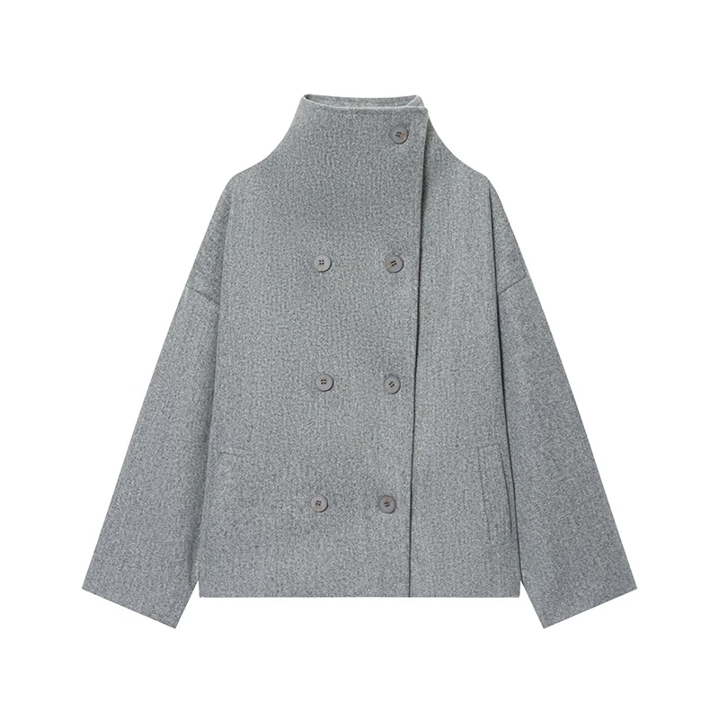 YENKYE Fashion Elegant Double Breasted High Neck Woolen Coat For Women Autumn Winter Long Sleeve Loose Outerwear