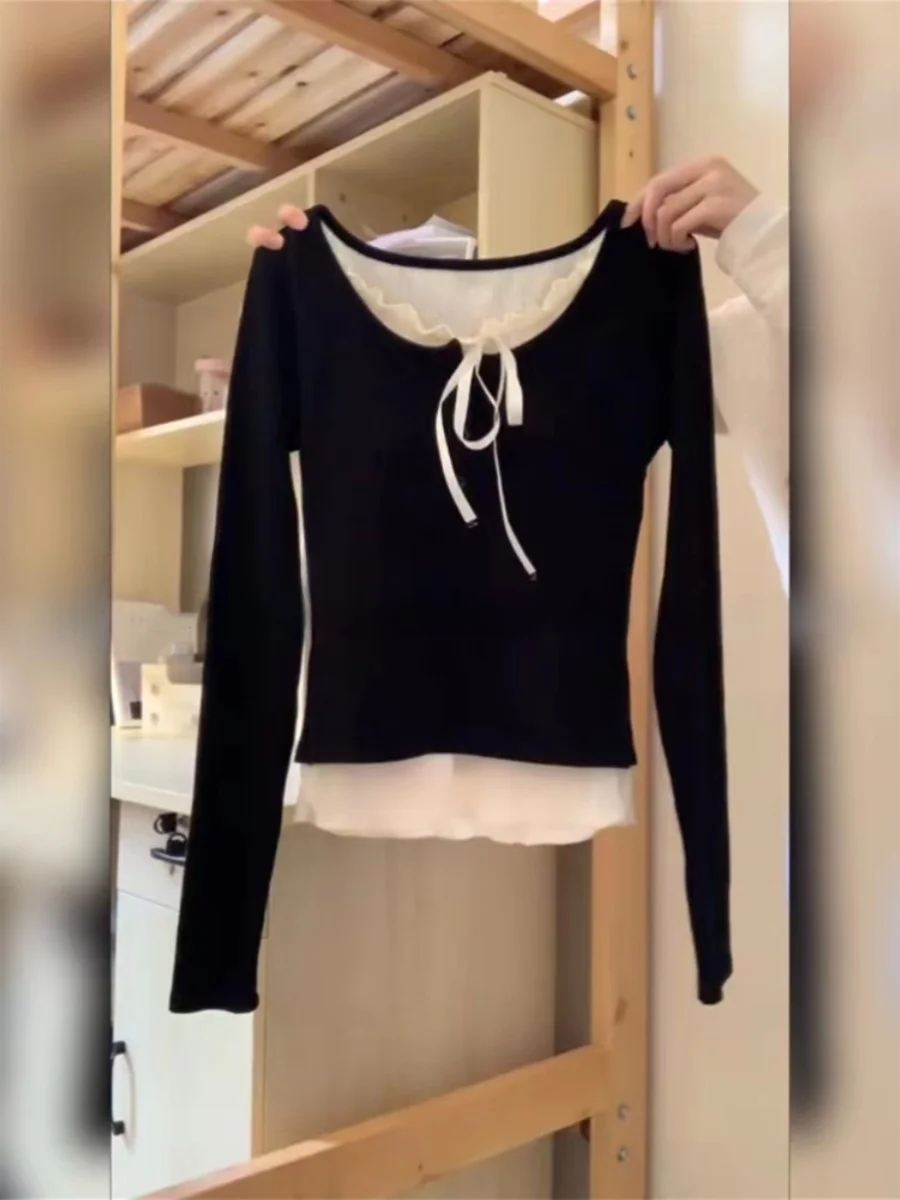 Camiseta de manga larga con encaje y dobladillo para mujer, rosa, con almohadillas en el pecho, cálida, efecto dos piezas, para primavera, otoño e invierno, estilo Spicy Girl, capa base.