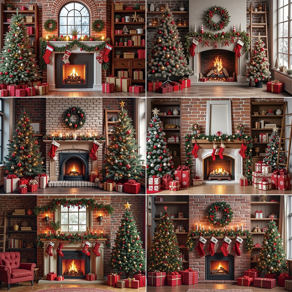 

MOON.QG 2025 Christmas Brick Fireplace Tree Backdrops Photography Wreath New Year Decor Backgrounds Children Photo Studio Props