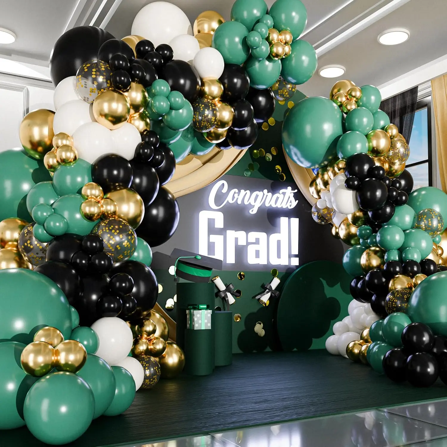 135-teiliges Ballon-Girlanden-Set in Grün, Schwarz und Weiß, verschiedene Größen, Gold, Weiß, Grün und Schwarz, Latex-Ballon-Party-Dekoration, Absolventen-Tag, Fußball-Party-Dekoration