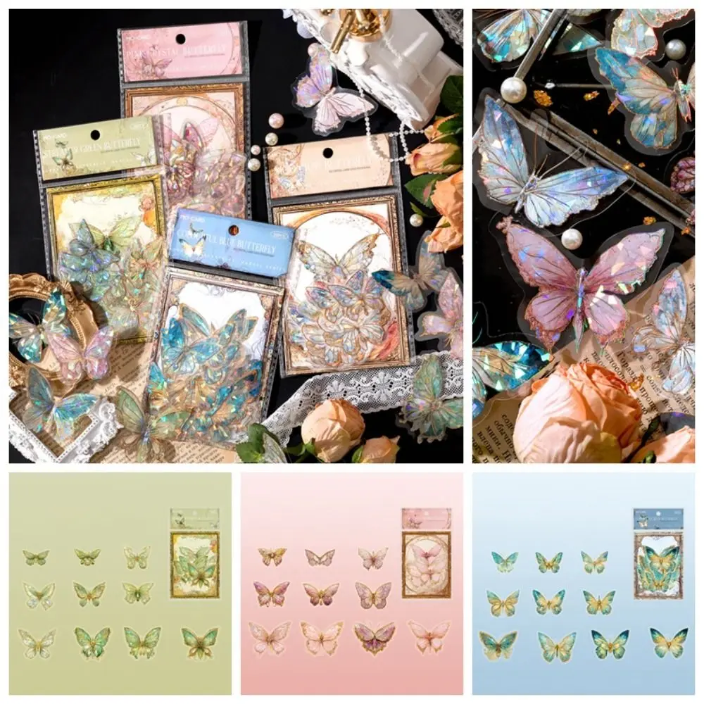 DIY Crafts Ice Crystal Laser Butterfly Sticker Vintage Aesthetic Handmade Butterfly Collage Sticker Shiny PET Scrapbooking