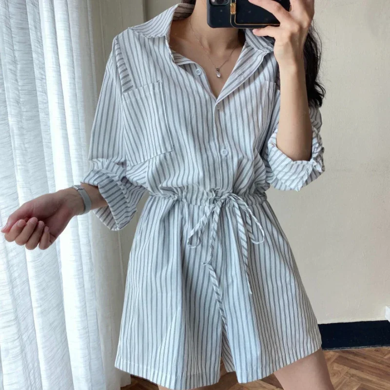 حقيقي 2025 الربيع الصيف جديد خمر مخطط المرأة بذلة أزرار فضفاضة غير رسمية جيوب الدانتيل متابعة السروال القصير للنساء #5