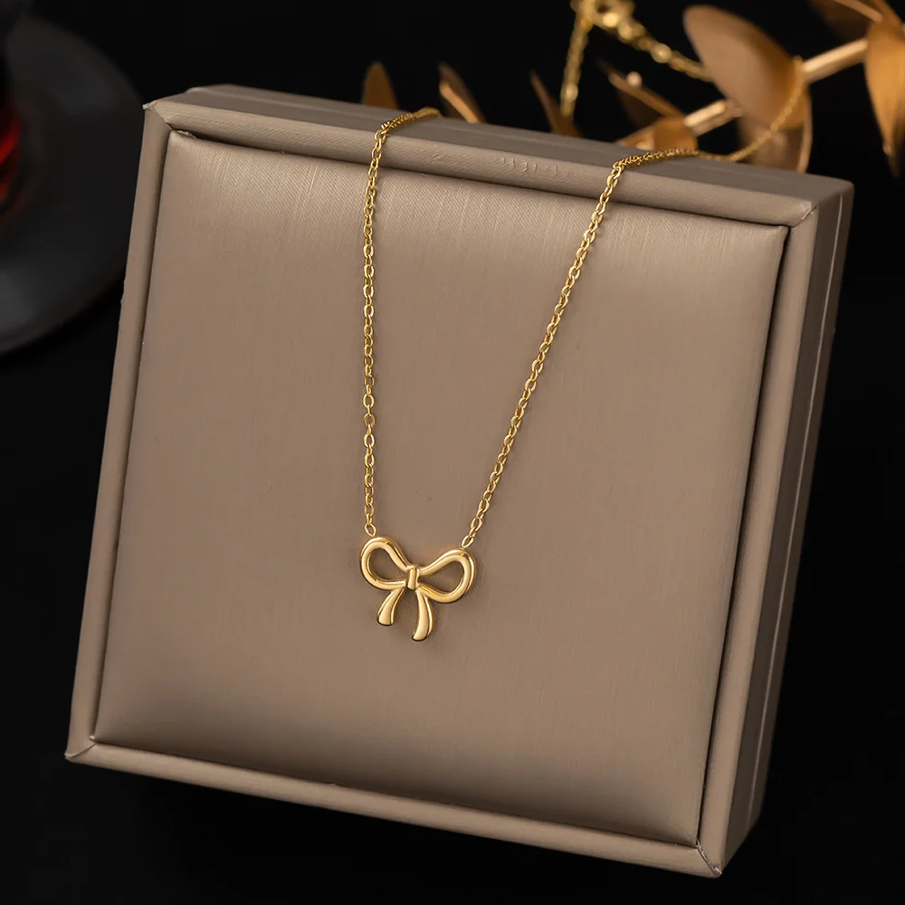 New Punk Tiny Bowknot Pendant For Women Gold Color Stainless Steel Choker Chain Necklace Female Jewelry Christmas Gift