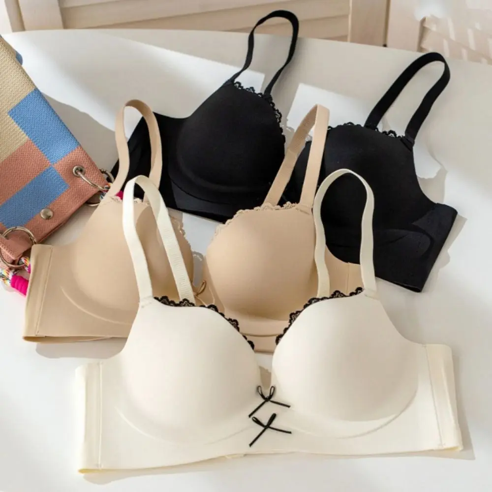 

Simple Bowknot Lace Wireless Bra Deep V Shockproof Underwear for Women Anti-sagging Push Up Seamless Bra Girls
